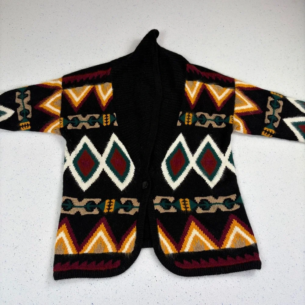 Vintage Southwest Aztec Blanket‎ Cardigan Sweater Black Geometric Chunky Knit M